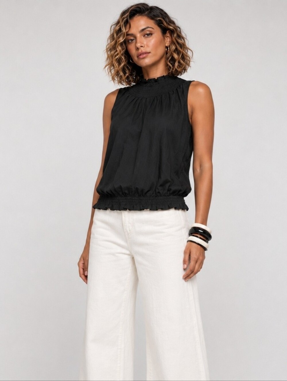 Sleeveless Black Smocked Neck Women’s Top Size Medium NEW